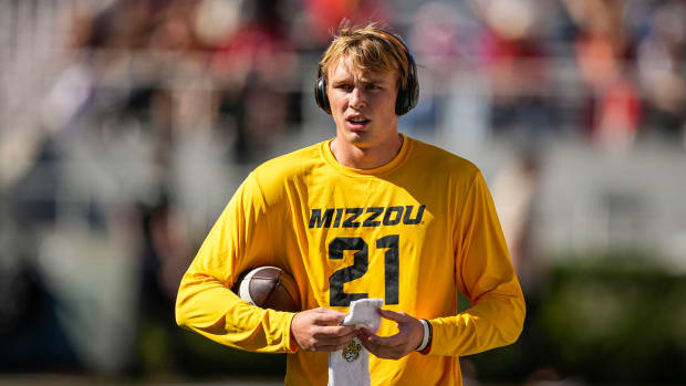 Nov 4, 2023; Athens, Georgia, USA; Missouri Tigers quarterback Sam Horn (21) on the field before the game against the Georgia Bulldogs at Sanford Stadium. Mandatory Credit: Dale Zanine-USA TODAY Sports
